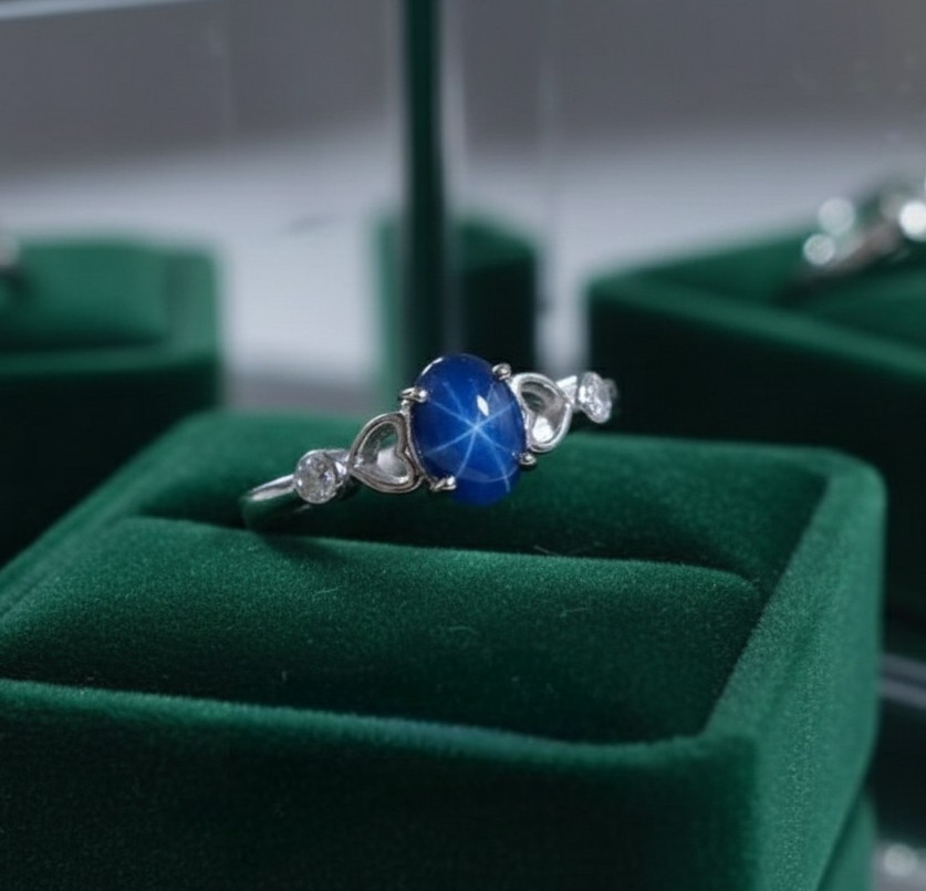 Blue Lindy Star Sapphire Ring, 925 Sterling Silver Ring, Lab Created