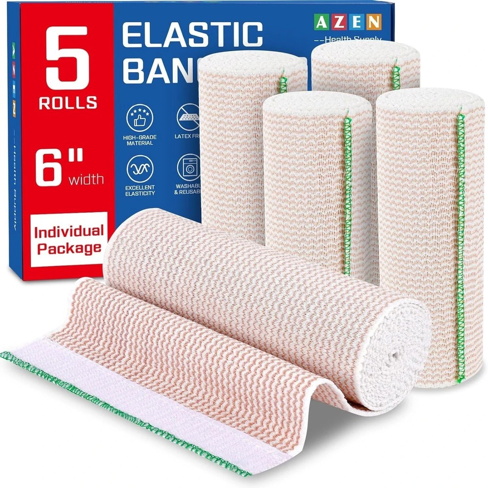 6" Wide Cotton Elastic Compression Bandage Body Wrap Hook/Loop 5 Pack