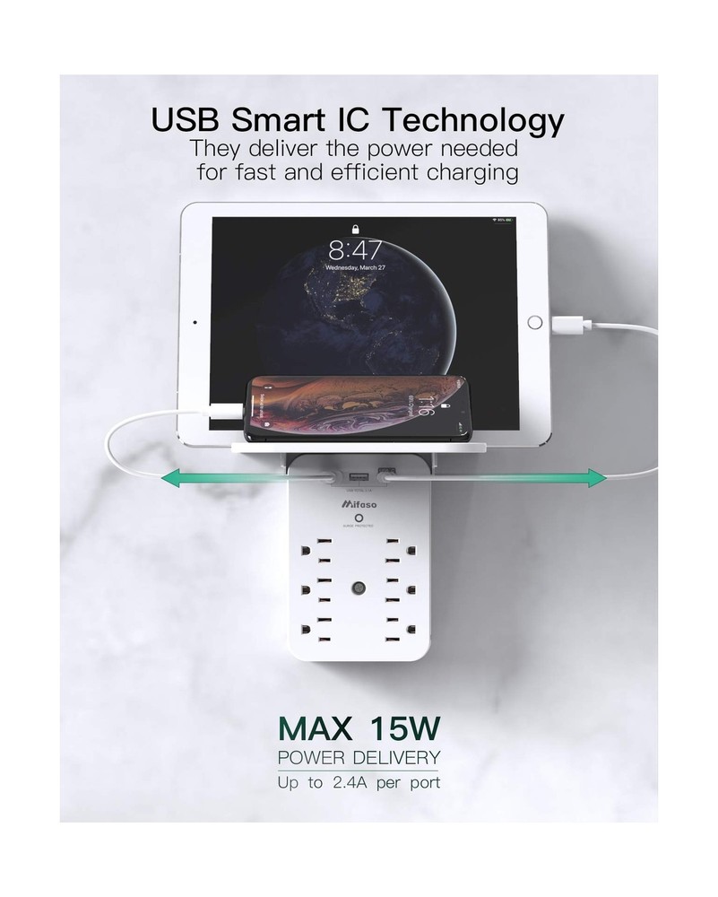 Wall Outlet Extender - Surge Protector 6 AC Outlets Multi Plug Outlet with Sh...