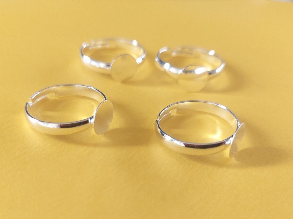 Adjustable Ring Blanks Silver Settings Brass with 8mm Pad Glue On Shanks 4pcs
