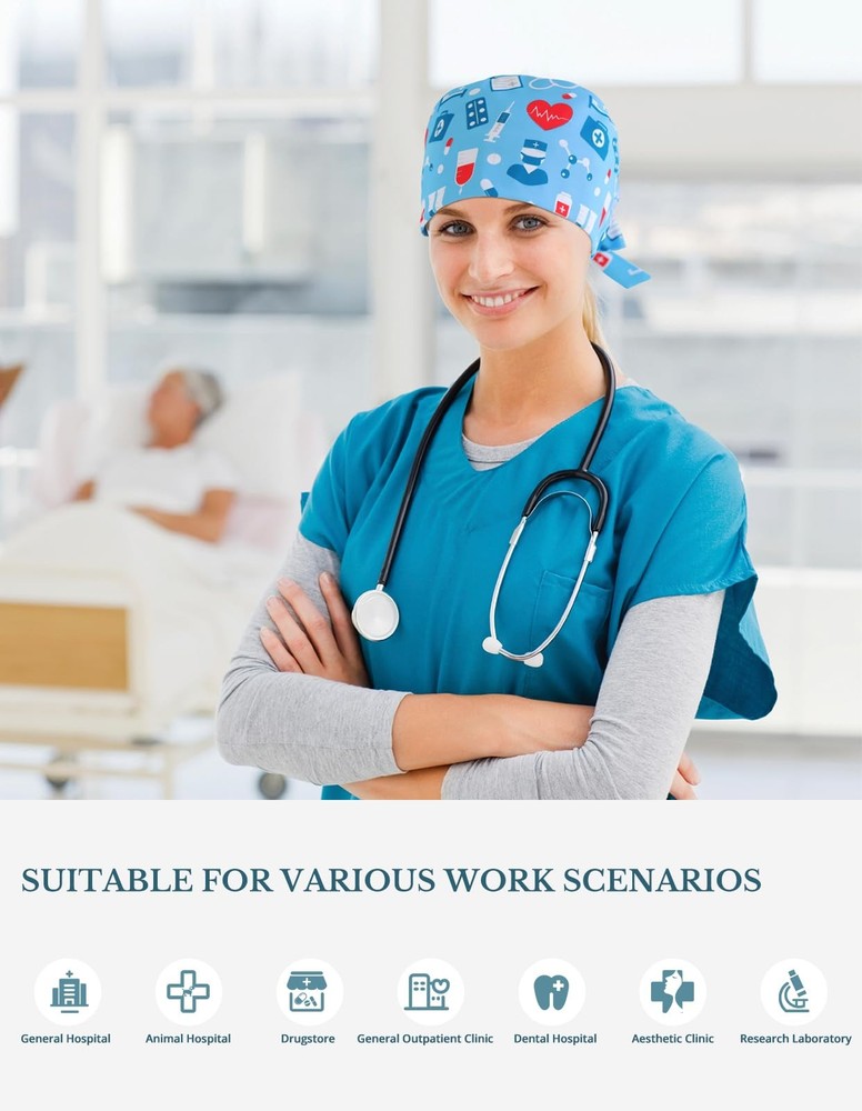 Womens Double-Sided Printed Adjustable Scrub Surgical Cap Buttons Breathable