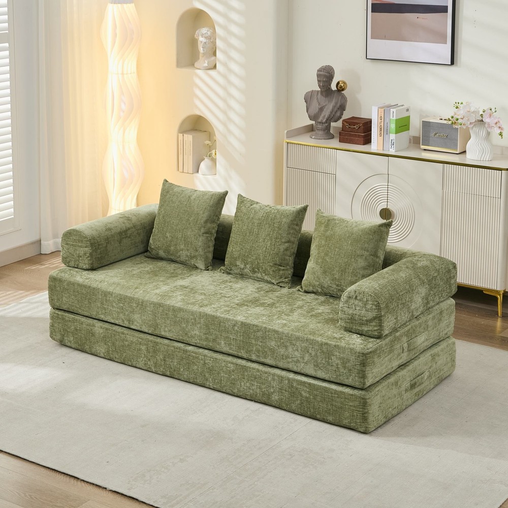 Multi-Functional Floor Sofa Convertible Folding Chenille Bed Sofa Couch Green