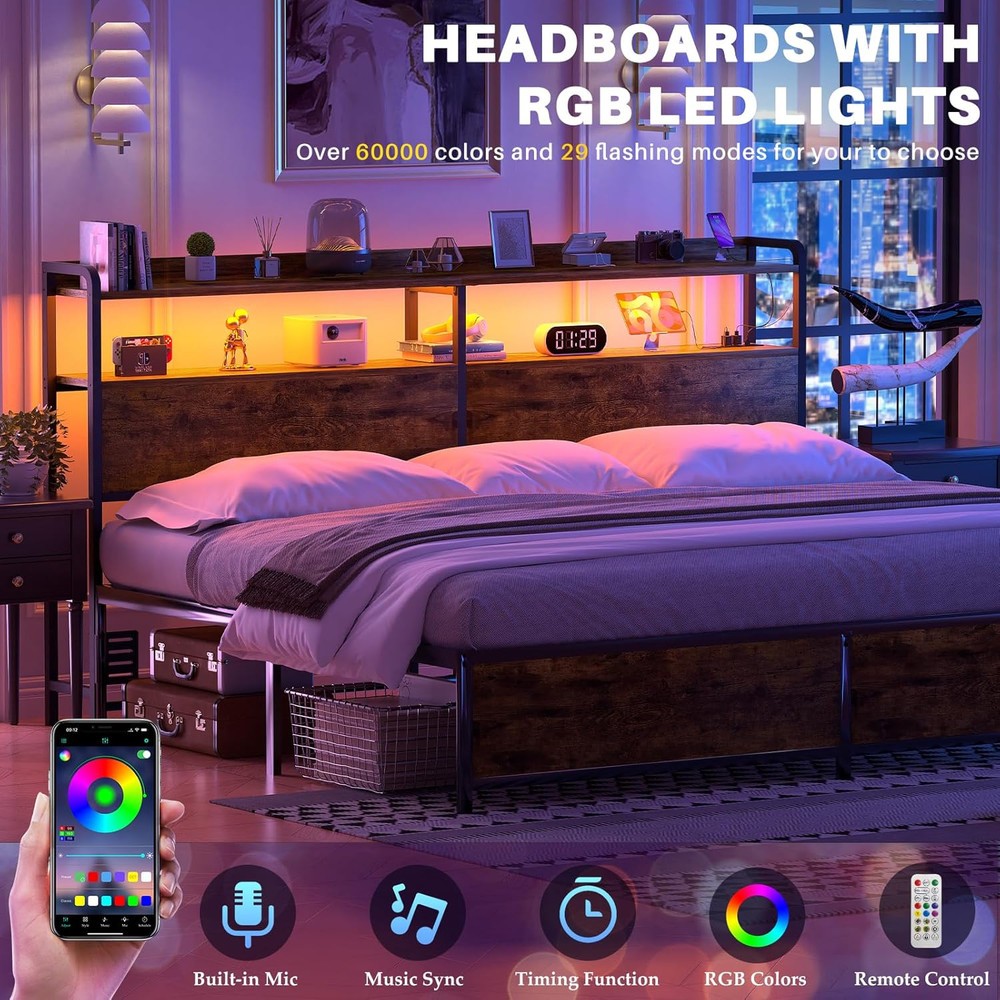 Rustic King Size Headboard with USB Ports, LED Light & Storage, Adjustable