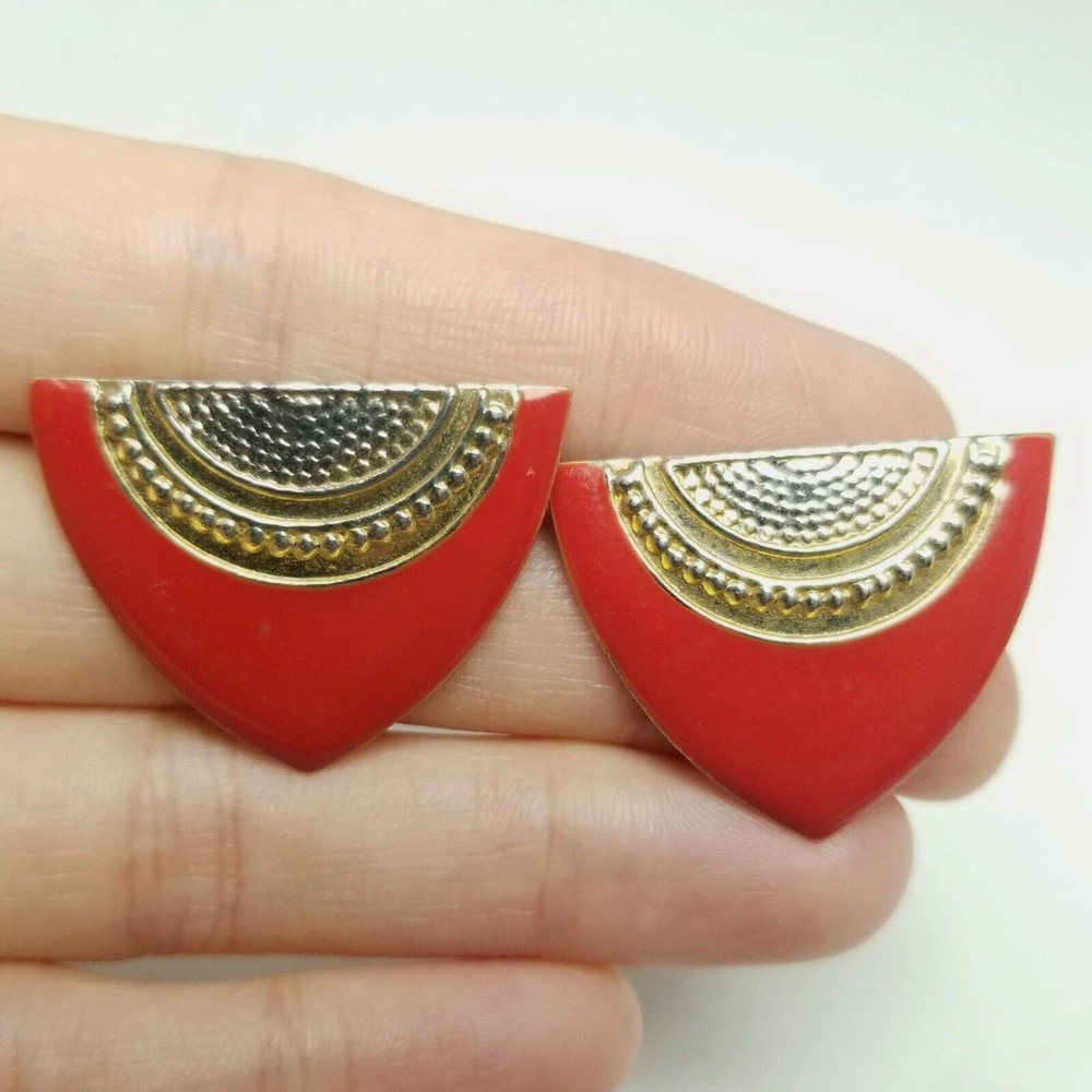 Vintage Triangular Red Enamel Stud Earrings, Retro 80s Style Design, Bold