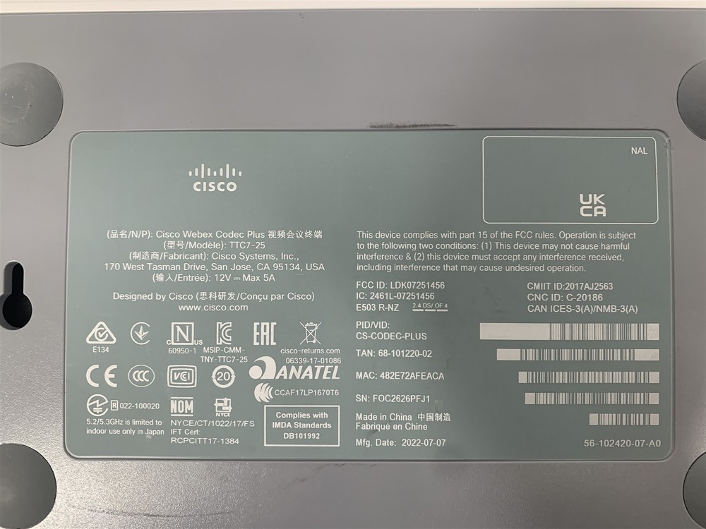 LOT OF 2 Cisco Webex Plus TTC7-25 CS-Codec-Plus w/ AC