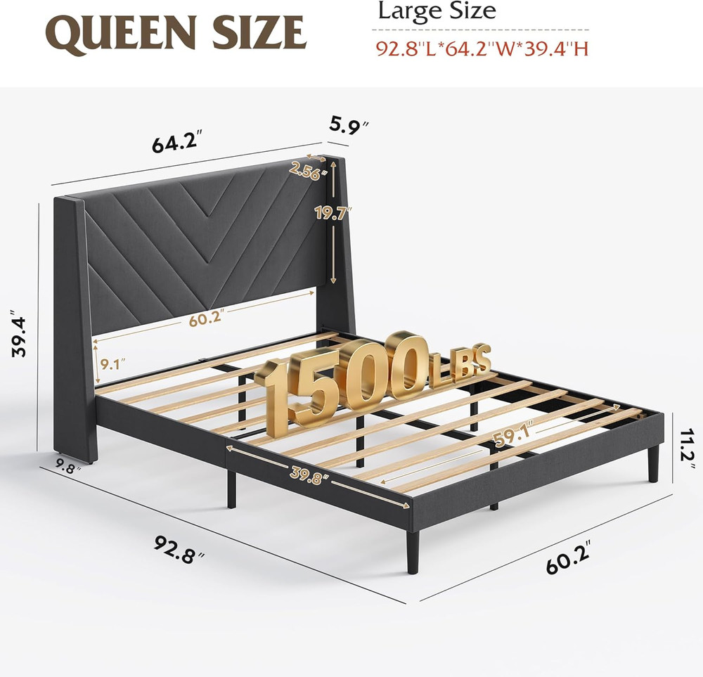 Upholstered Bed Frame, Queen Bed Frame with Tufted Headboard, Platform Bed with