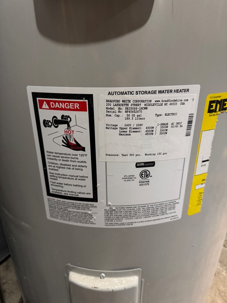 Bradford White 50 Gallon Electric Water Heater Storage, Model RE350S6-1NCWW