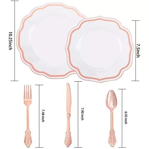 NOCCUR 150PCS Plastic Plates&Silverware-Include 30Dinner Plates, Rose Gold