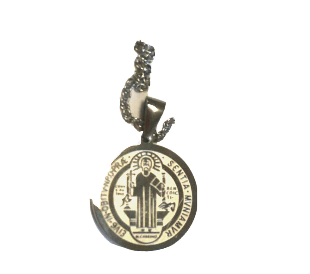 Saint Benedict Laser Engraved Image Silver Pendant, New