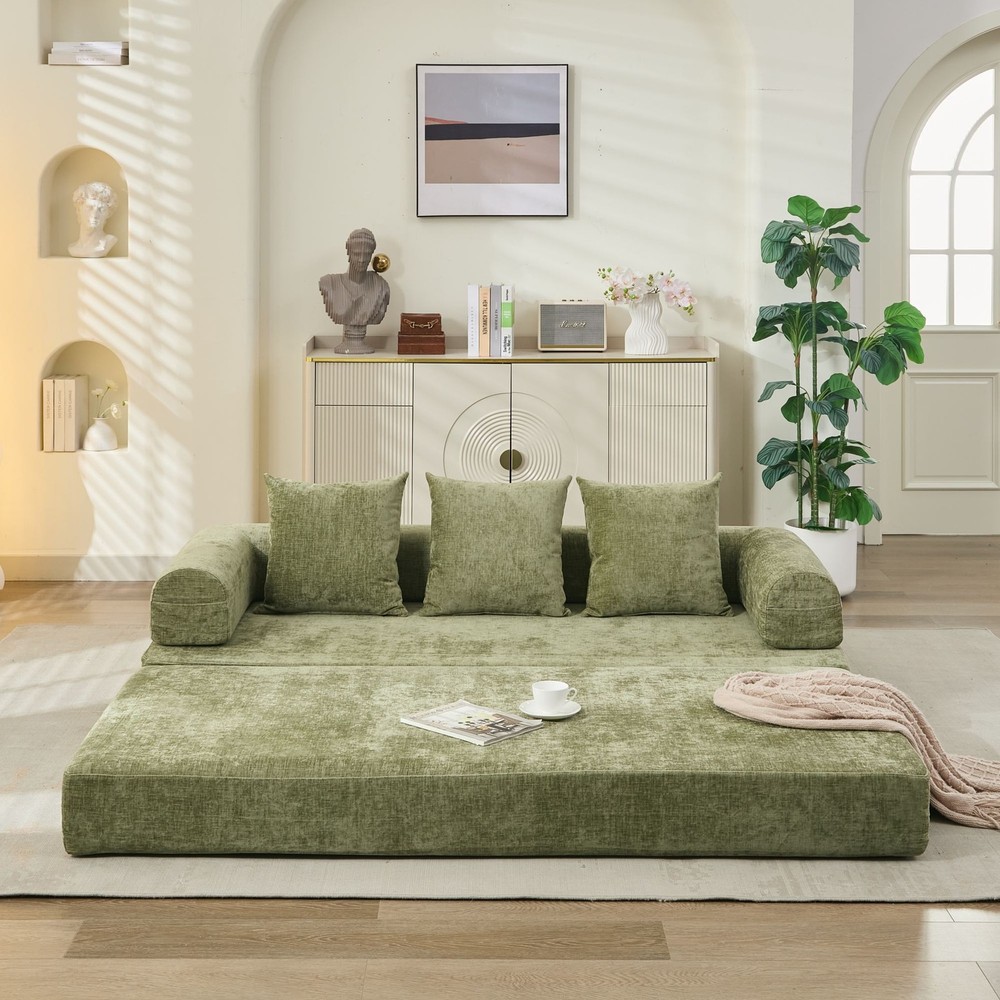 Multi-Functional Floor Sofa Convertible Folding Chenille Bed Sofa Couch Green