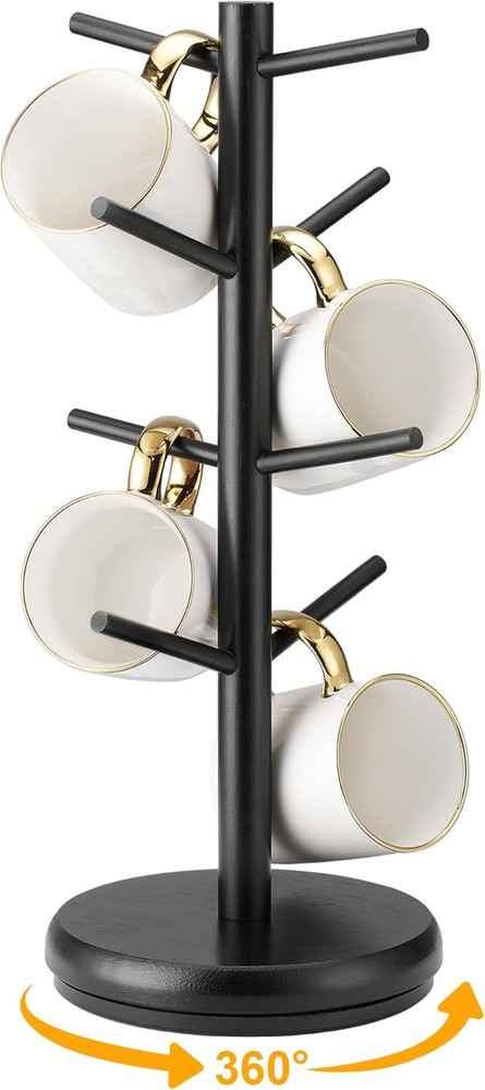 Coffee Mug Tree, 360° Rotated Mug Holder with 8 Hooks, Wooden Coffee