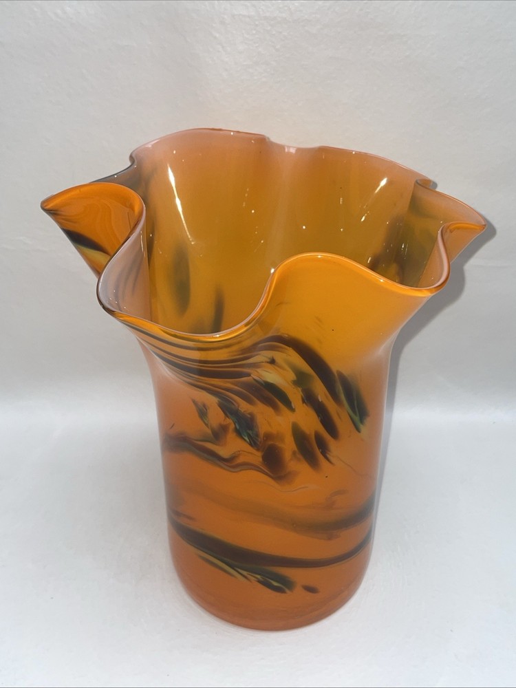 Orange Hand Blown Ruffle Edge Vase 9”