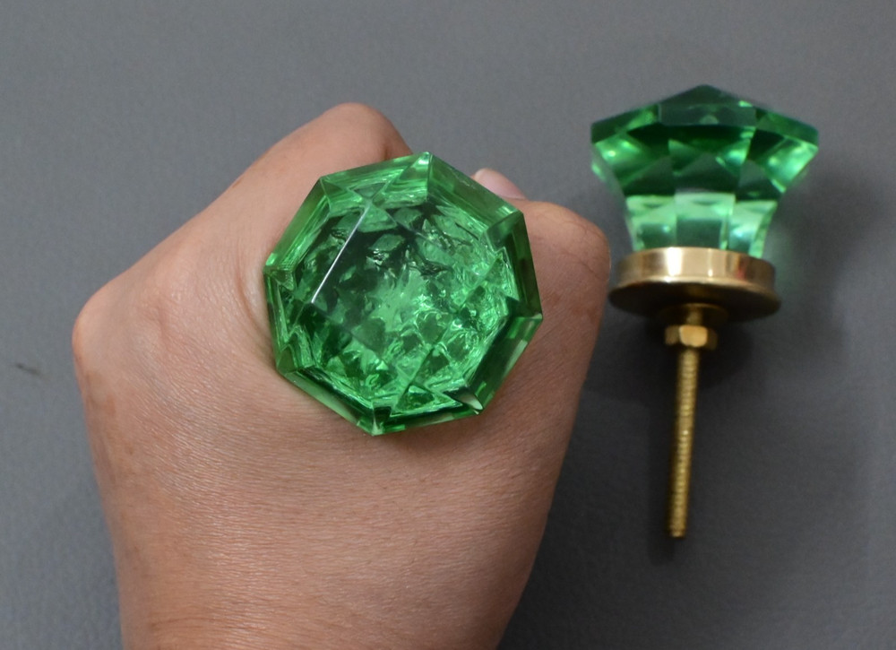 Vintage green victorian diamond cut glass drawer knob handle pull set 2PC