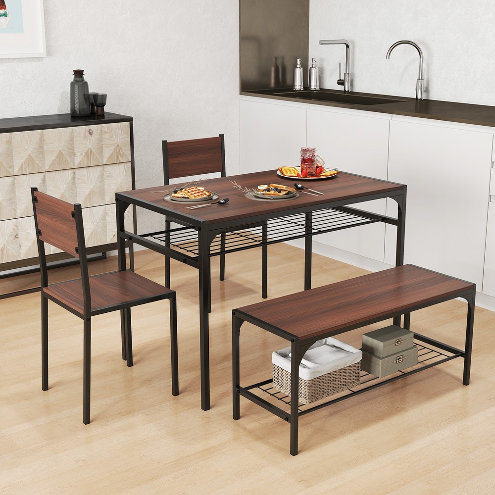 Dining Table Set for 4 Rectangular Table w/ 2 Chairs, 1 Bench, Storage Racks