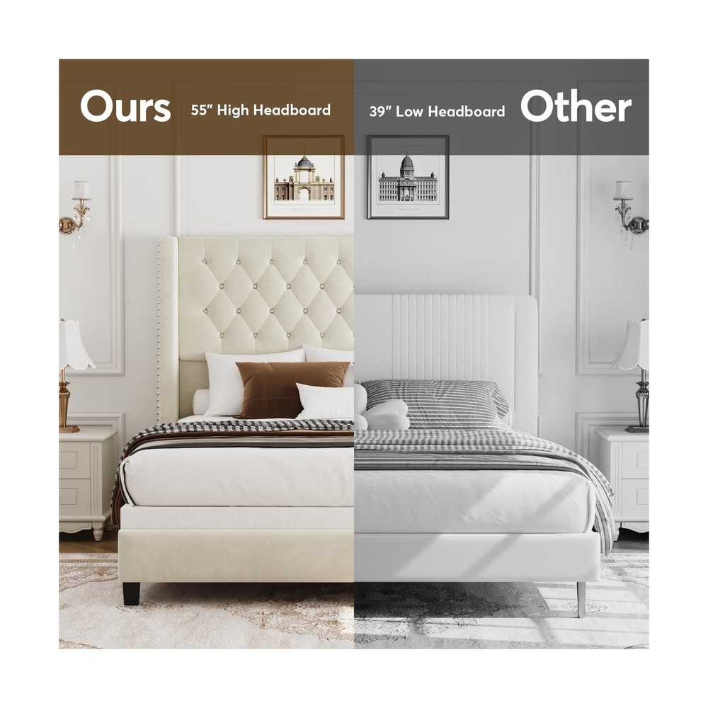 Queen Bed Frame with 55" Tall Headboard, Upholstered Bed Frames, Soft Fabric,...
