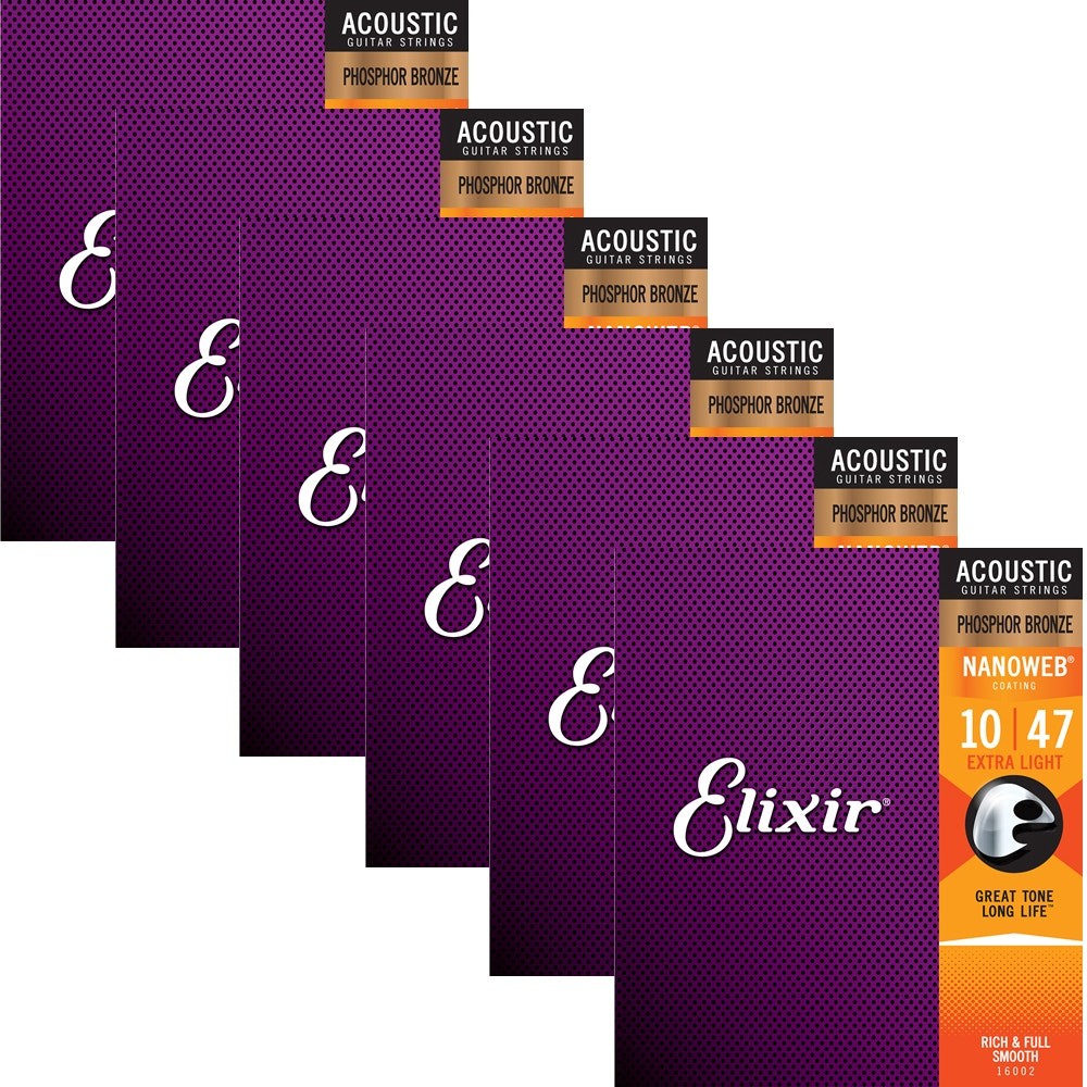 Elixir Nanoweb Phosphor Bronze Extra Light Acoustic Guitar Strings 10-47 6-Pack