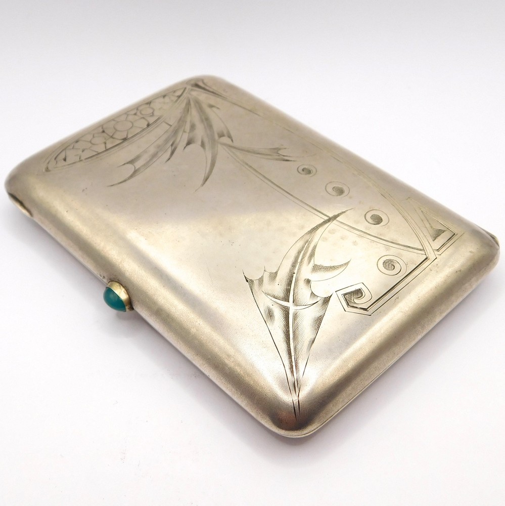 RUSSIAN IMPERIAL ARTS & CRAFTS SILVER & CHRYSOPRASE CIGARETTE CASE