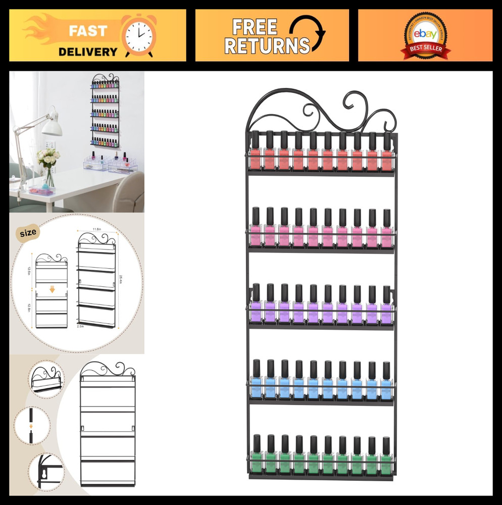 Wall Mounted Nail Polish Rack - Rectangle Storage Organizer Shelf for Salon - Bl