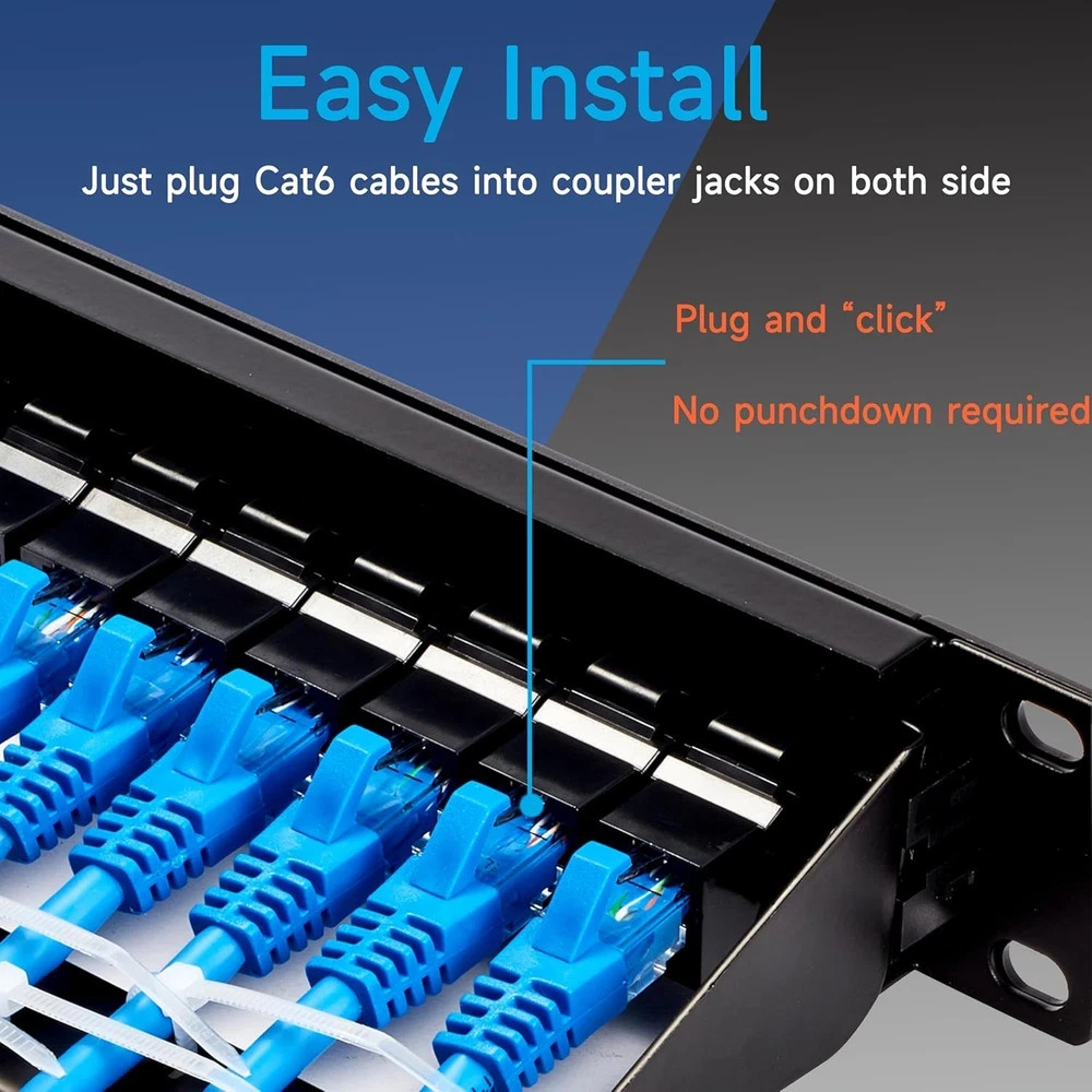 24 Port Cat6 RJ45 Patch Panel Feed Through Ethernet Network Panel 19 Inch Rack