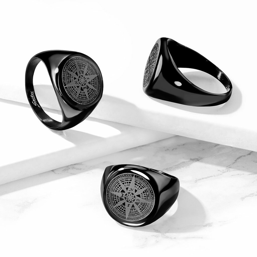 Matte Compass Black Ring - Stainless Steel Black IP Biker Ring