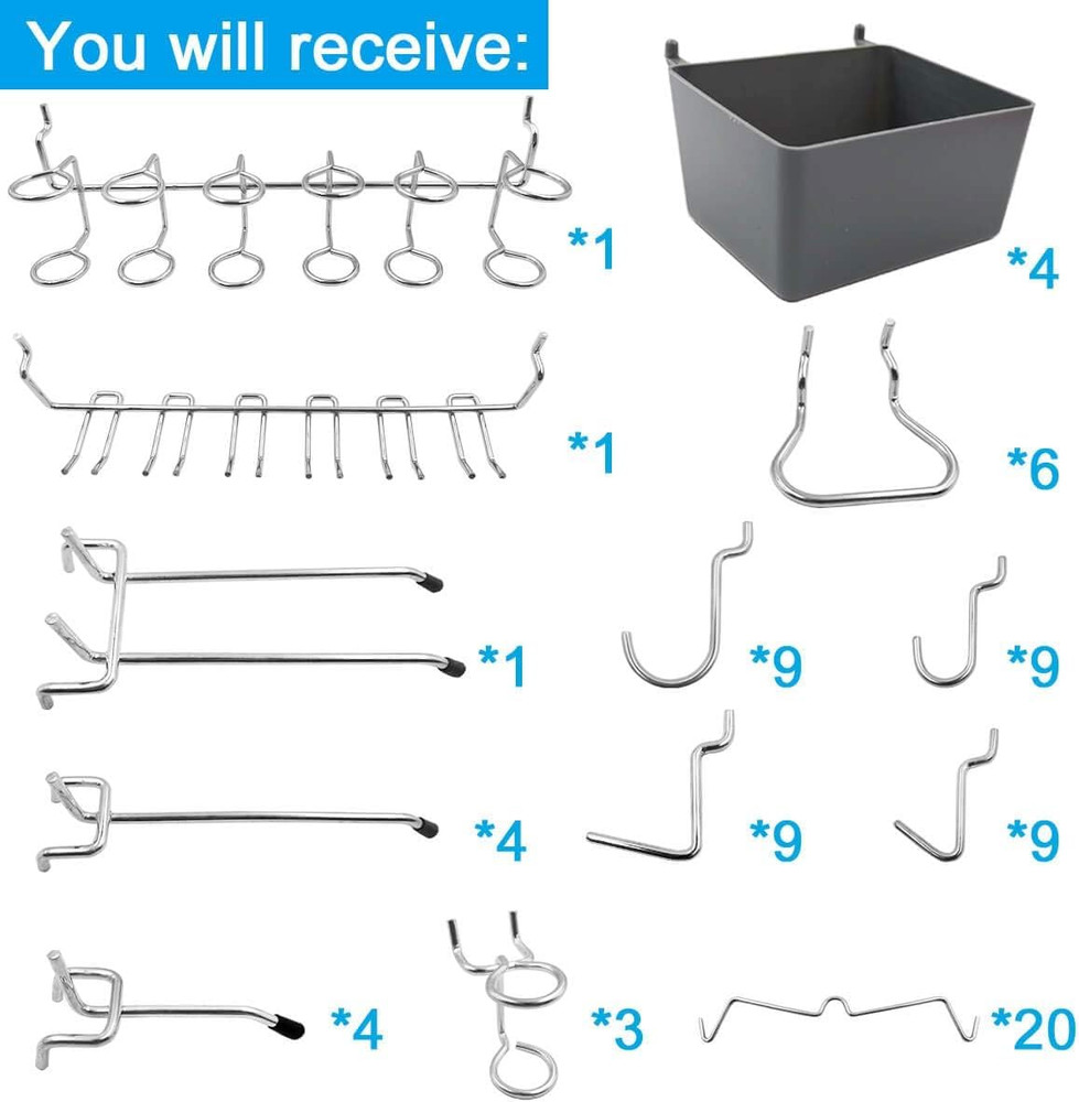 Pegboard Hooks Assortment with Pegboard Bins, Peg Locks, for Organizing Various