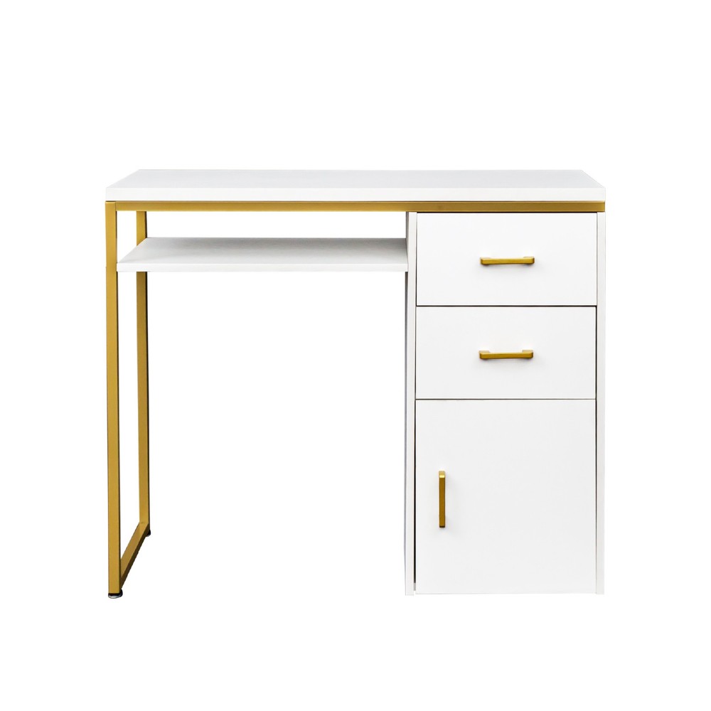 Modern Computer Desk With 2 Drawers And Cabinet White Vanity Study Writing Table