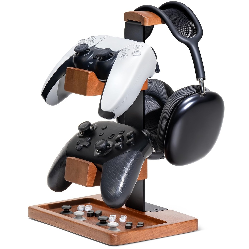 Solid Wood Controller Holder and Headphone Stand, Gaming Controller Stand for...