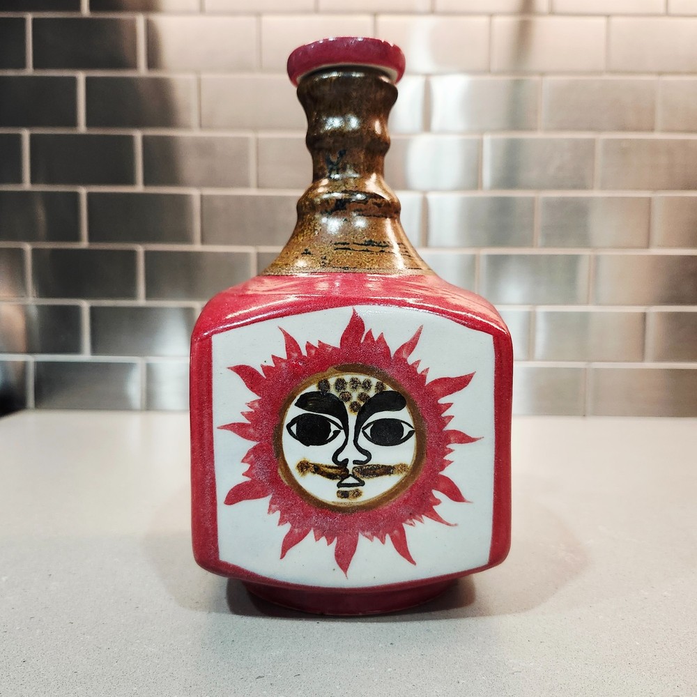 Tequila Mexican Pottery Empty Bottle Mustache Sun Design Signed Numbered