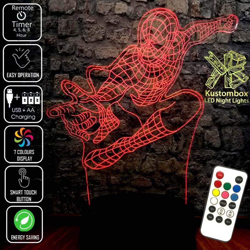 SPIDERMAN AVENGERS WEB PERSONALISED NAME USB LED NIGHT LIGHT 7 COLOUR REMOTE