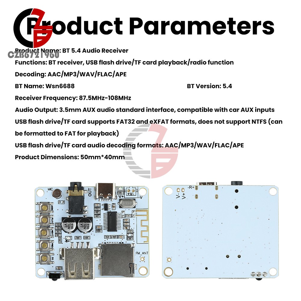 Audio Receiver Board Module Player Bluetooth 5.4 Lossless Decoder Module Type-C