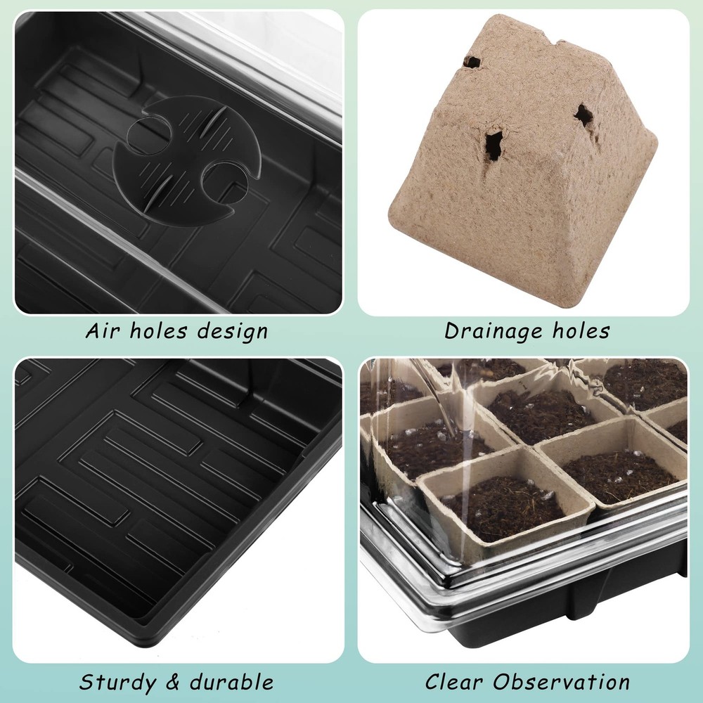 4 Pack Seed Starter Tray Kit, 120 Square Seed Peat Pots for Seedlings with Pl...
