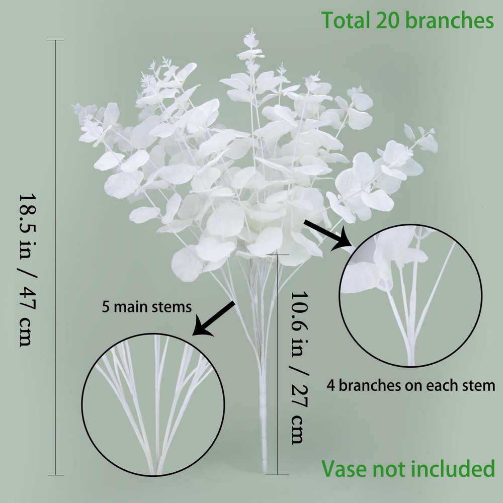 GREENTIME 2 Pack White Eucalyptus Stems with 20 Branches 18.5'' Artificial Fl...