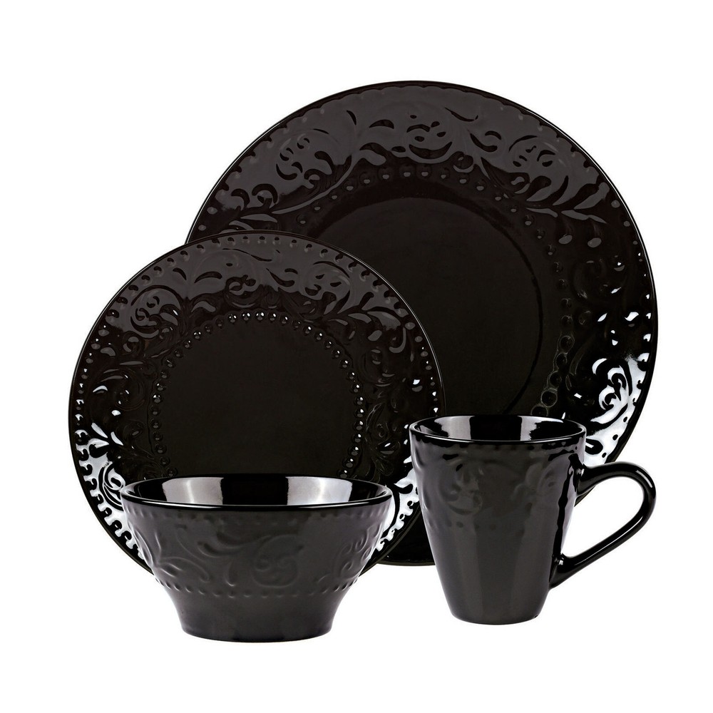 Elegant and Modern Stoneware Scroll Dinnerware Set for Parties - Black, 16 Piece