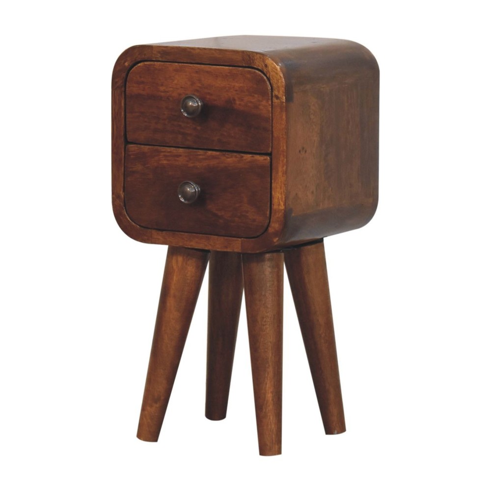 Solid Wood Extra Mini Curved Chestnut Nightstand, Solid mango wood