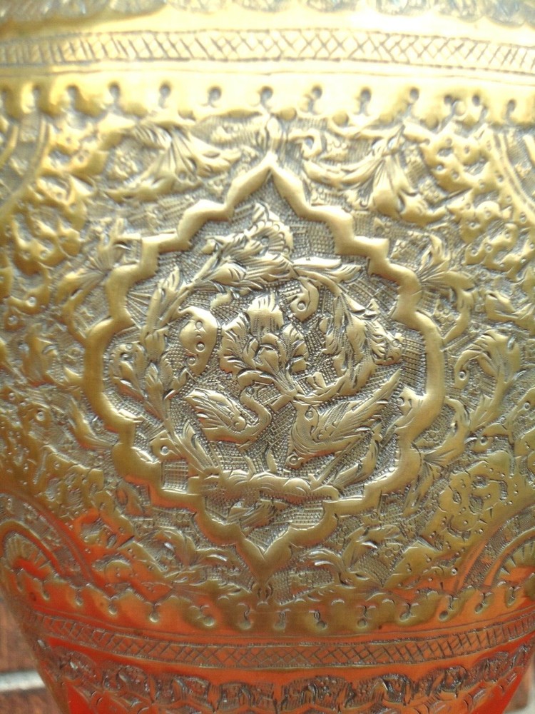 MIDDLE EASTERN BRASS VASE / URN REPOUSSE & CHASED 14 1/4 "