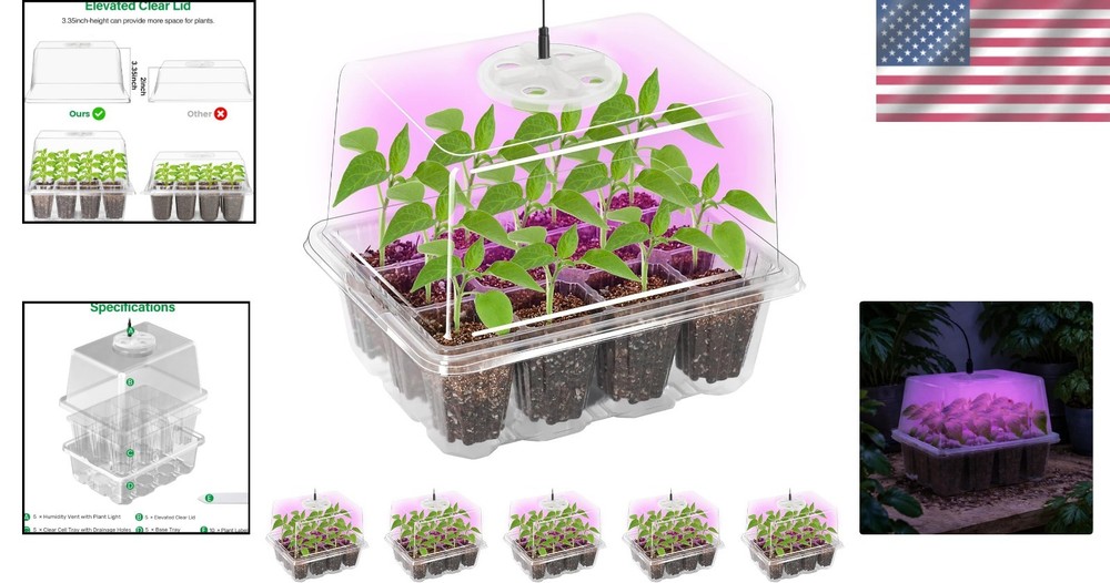 5-Pack Elevated Seed Starter Tray with Full Spectrum Grow Light & Humidity Domes