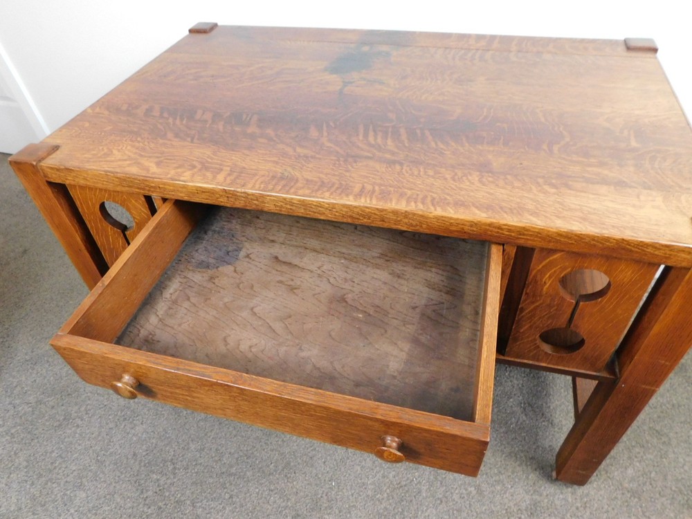 Antique 1920s Arts Crafts Mission Solid Oak Bookcase Desk Library Console Table
