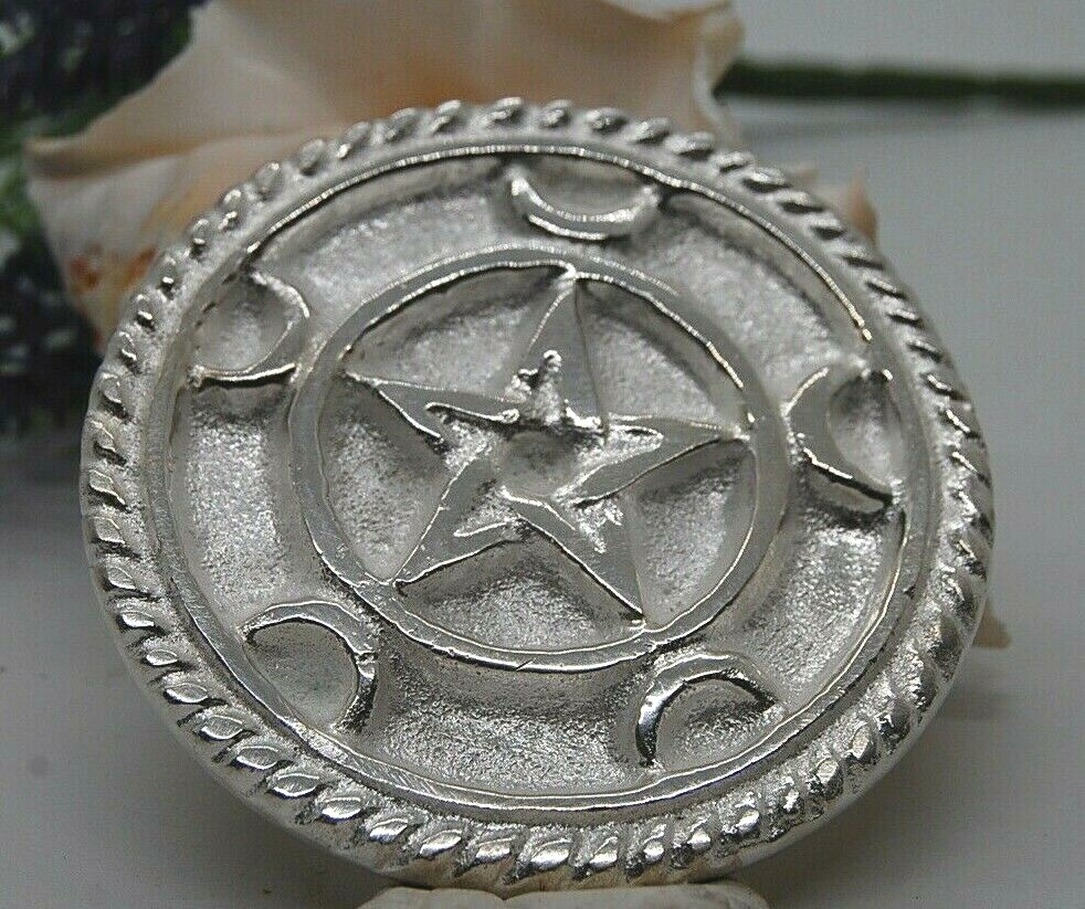 Pentagram Crescent Moon Altar Tile Silver Plated - Solid Brass 3" Wicca. Witch