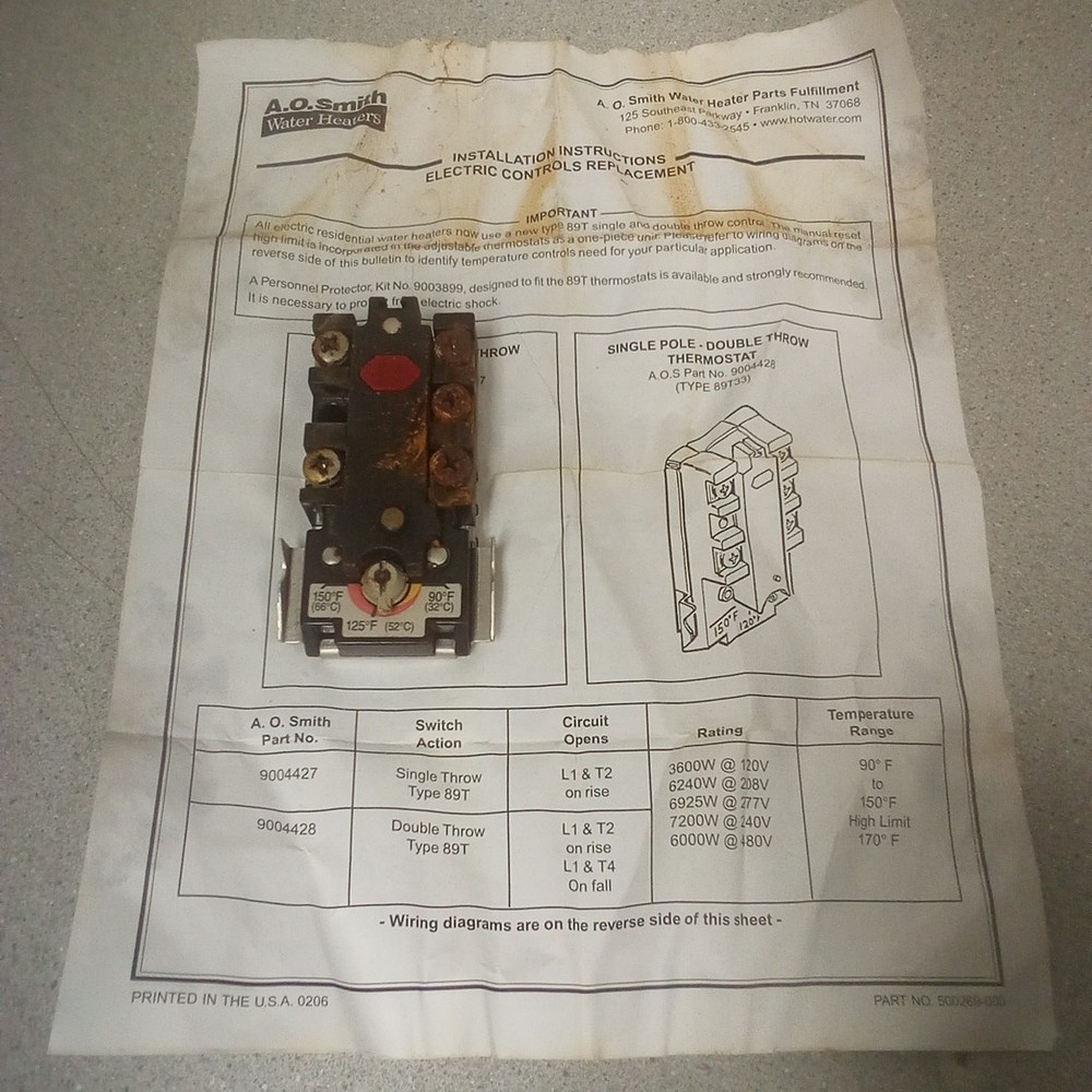 AO Smith Water Heaters Therm O Disk 89T33 331600 J1014 043 L170F Thermostat