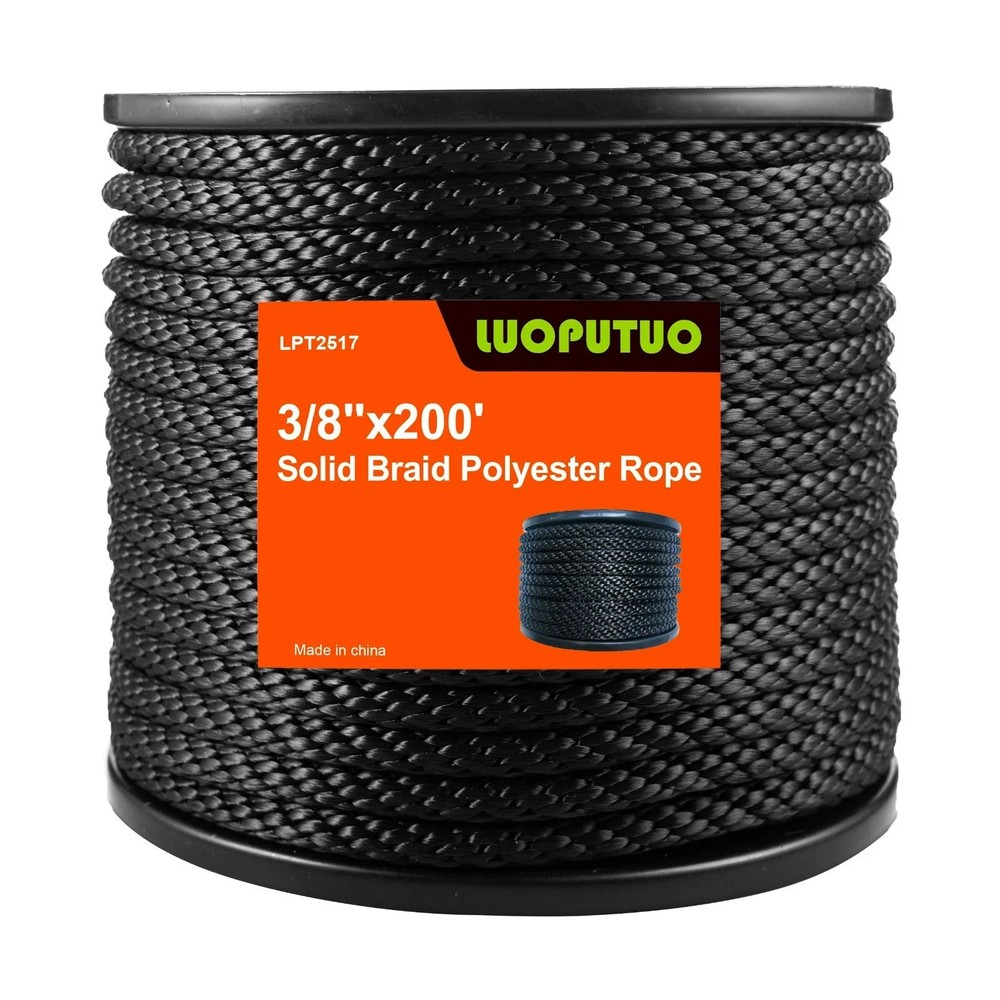 3/8 INCH 200 FT Black Polyester Solid Braid Rope-Industrial Grade Low Stretch