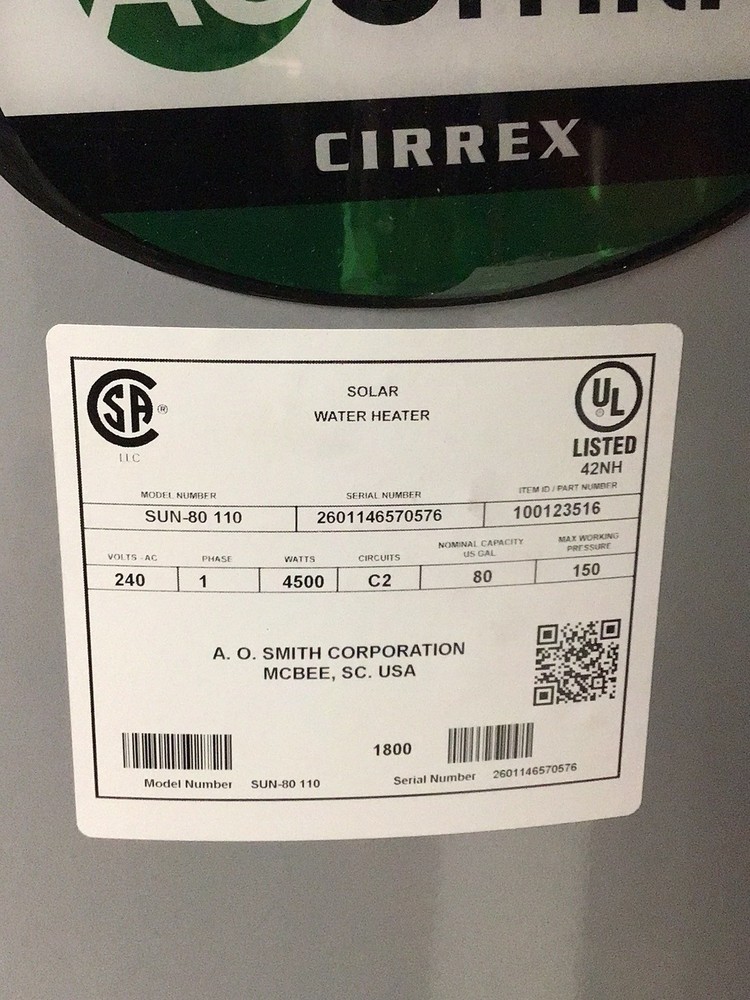 AO Smith SUN-80 Cirrex 80 Gallon Solar Water Heater Tank 240V NEW