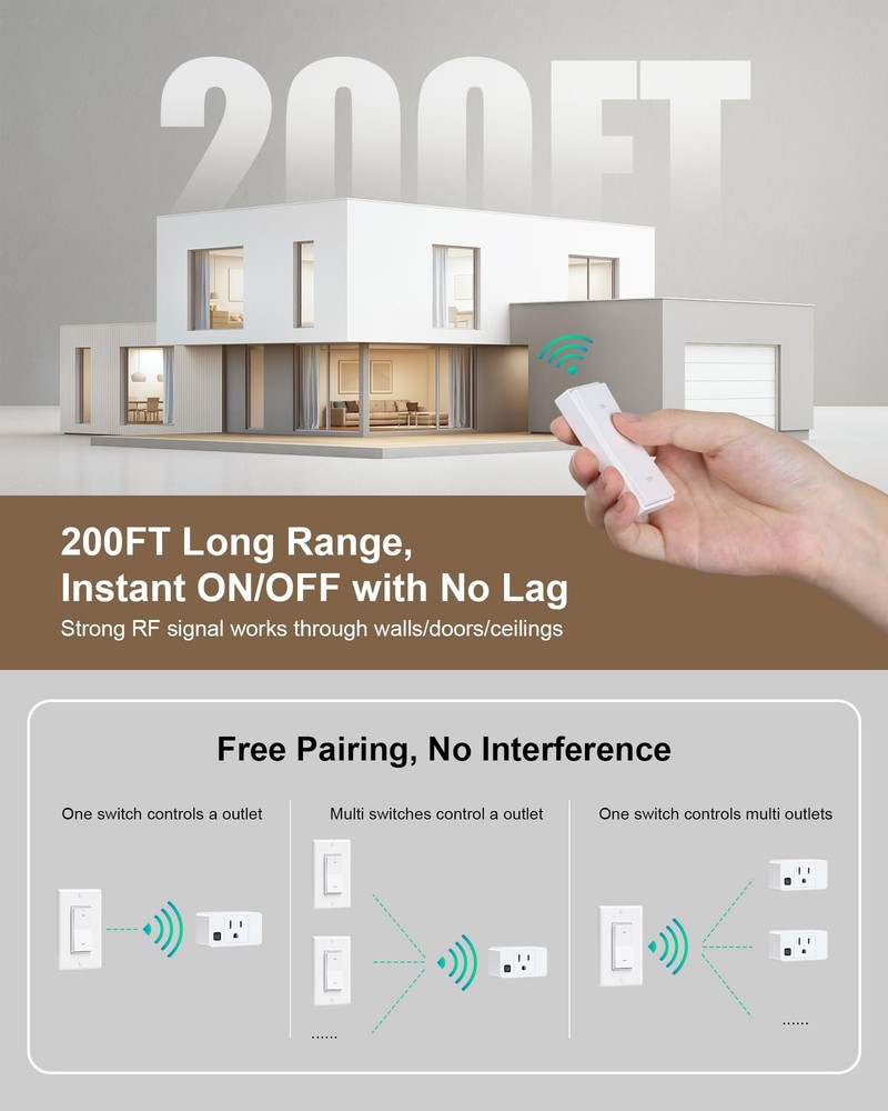 Remote Control Outlet, Decorator Rocker Wall Switch, 200FT Long Range Wireles...