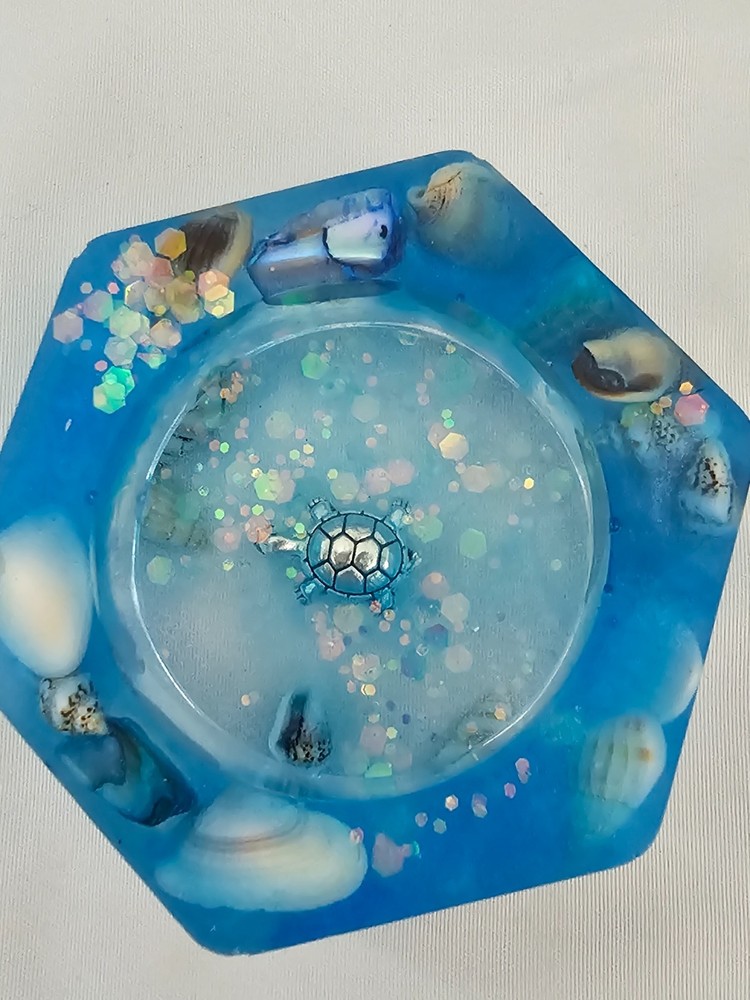 New Handmade Octagon Tea Light Holder - Blue with Shells & Turtle