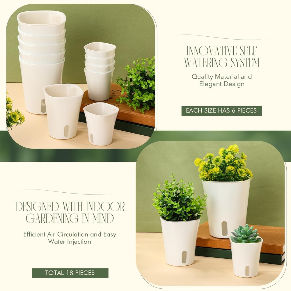 Ziliny 18 Pcs Self Watering Pots - 3 Sizes Extra small, Small, Medium, White