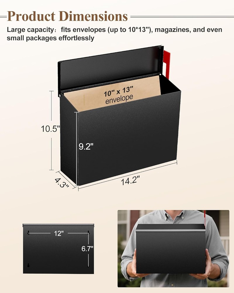 Wall-Mount Mailbox for Outside, Large Capacity Rust-Proof Mail Box with Black
