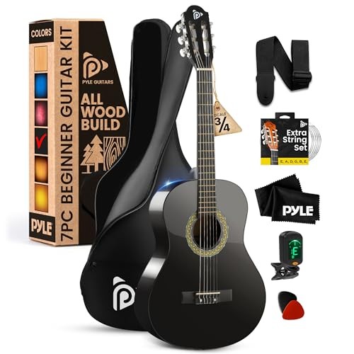 Pyle 36" Beginner Acoustic Guitar Kit, 3/4 Junior Size Instrument (Black)