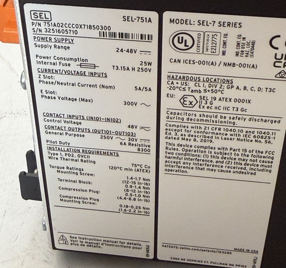 SEL-751A Feeder Protection Relay 24–48V Schweitzer Engineering Laboratories