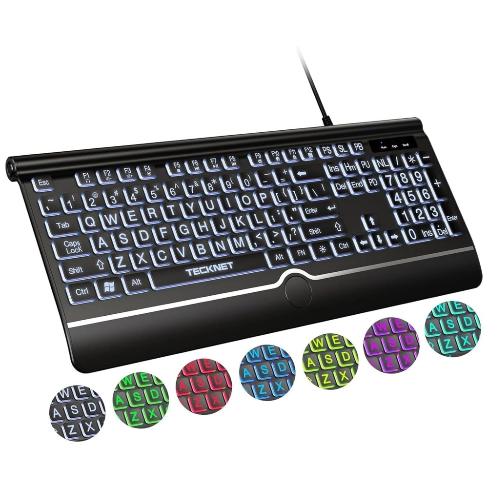 TECKNET Large Print Backlit Keyboard, Wired USB-A Computer Keyboard with Wris...