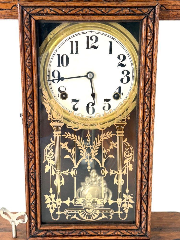 Vintage Gingerbread Style Mantle Clock Wind Up, Craved With Key