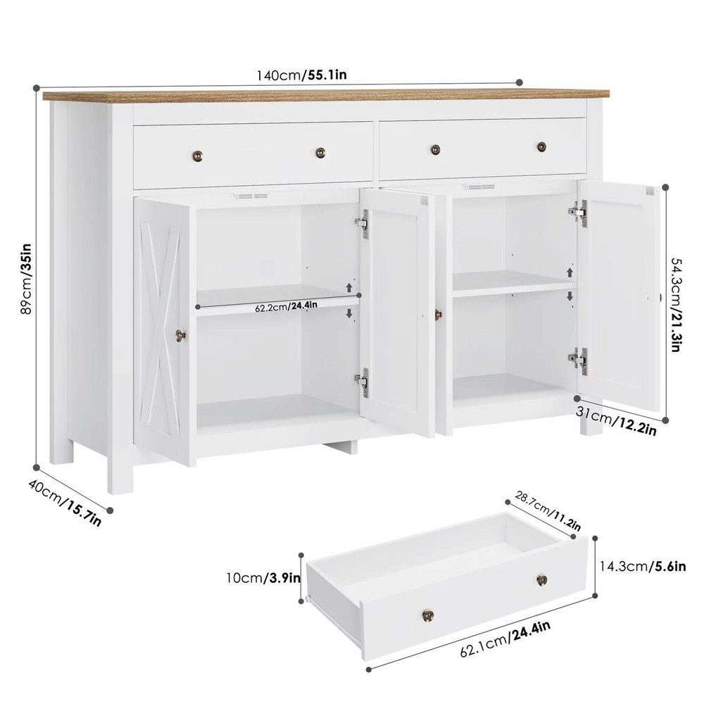 Farmhouse Storage Cabinet MDF Sideboard Buffet Console With 4 Doors 2 Drawers
